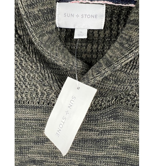 Sun Stone Shawl Collar Pullover Sweater Mens Medium Simple Sage Green Knit NWT - Picture 3 of 7